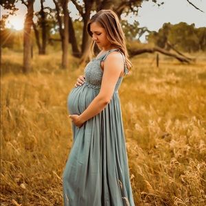 Pink Blush Sage Crochet Lace Maternity Maxi Dress